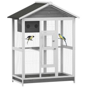 PawHut 64.5" Wooden Bird Cage Bird Aviary, Flight Cage with 4 Perches, Nest and Slide-Out Tray for Indoor/Outdoor, Gray