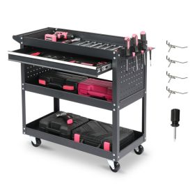 3-Tier Rolling Tool Cart, Metal Heavy Duty Utility Cart on Wheels with Pegboard & Drawer & 4 Hooks