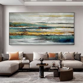 Hand Oil Painting Abstract Teal Lake Canvas Painting Yellow Texture Handmade Modern Minimalist Art Creative Painting For Indie Bedroom Wall Decor (style: 01, size: 150X220cm)
